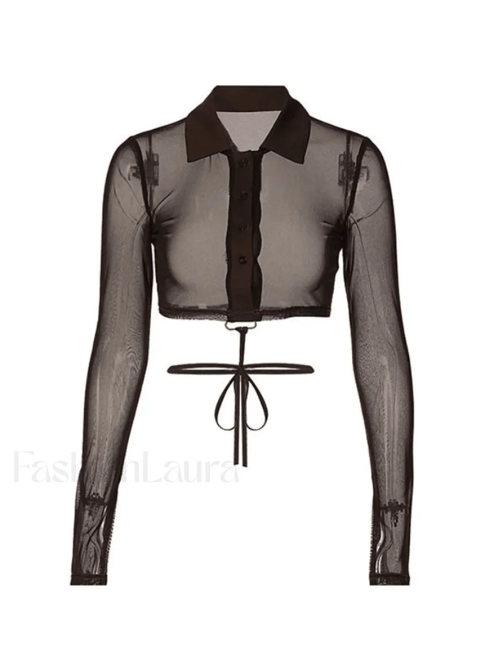 Tie Strap Sheer Mesh Cropped Long Sleeve Blouse Shirts