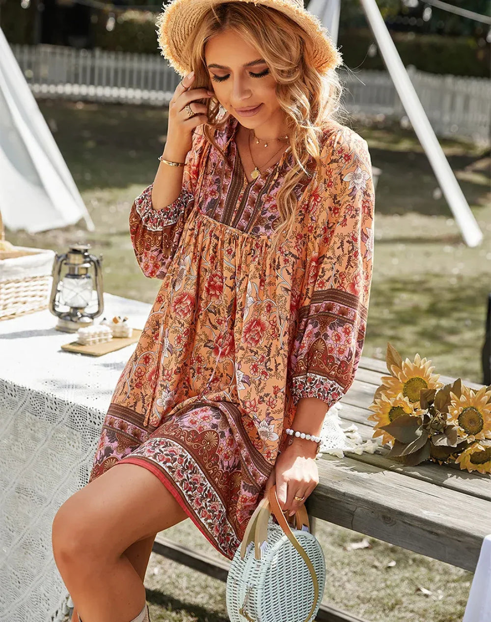Tie Up Floral Mini Boho Dress