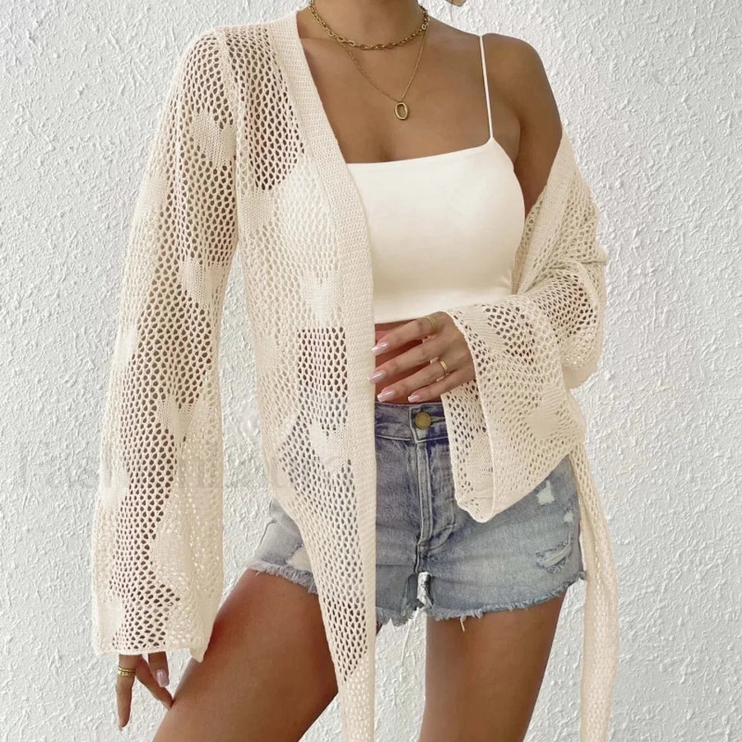 Tie Up Loose Knit Beach Cover Up Khaki / One Size