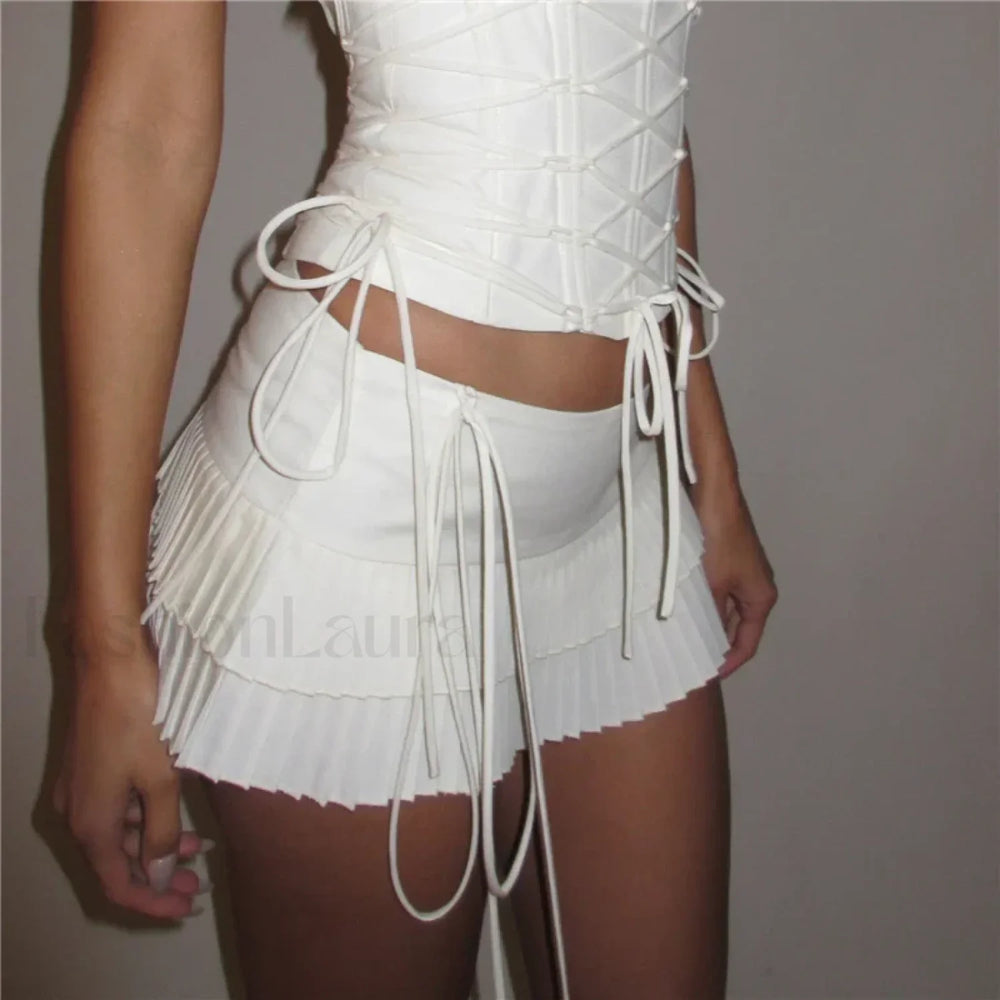 Tie Up Pleated White Mini Skirt