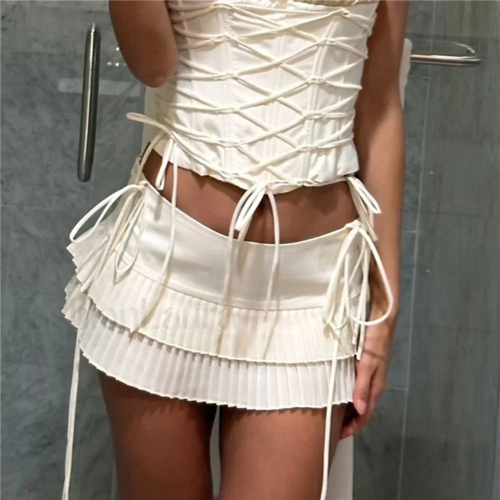 Tie Up Pleated White Mini Skirt