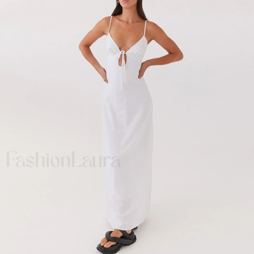 Tie up Spaghetti Cutout Maxi Dress WHITE / S