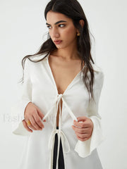 Tie Up V Neck Trendy Long Sleeve Blouse Blouses