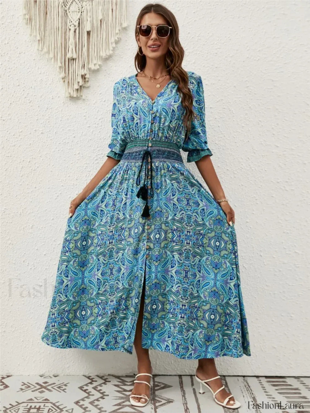 Tie Waist Lantern Sleeve Boho Dress