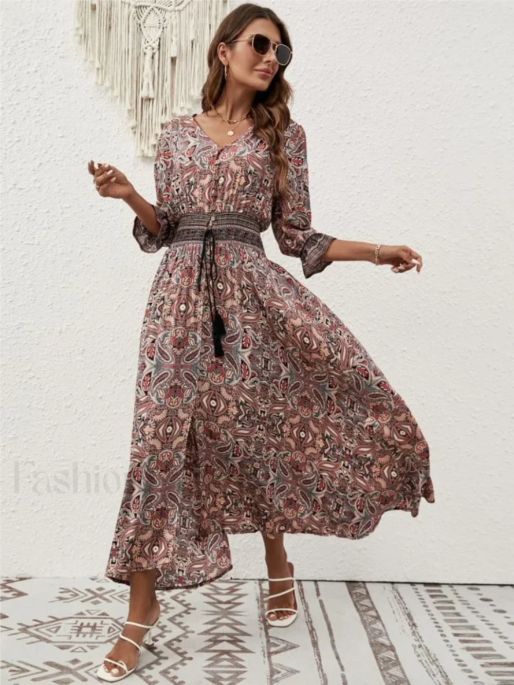 Tie Waist Lantern Sleeve Boho Dress