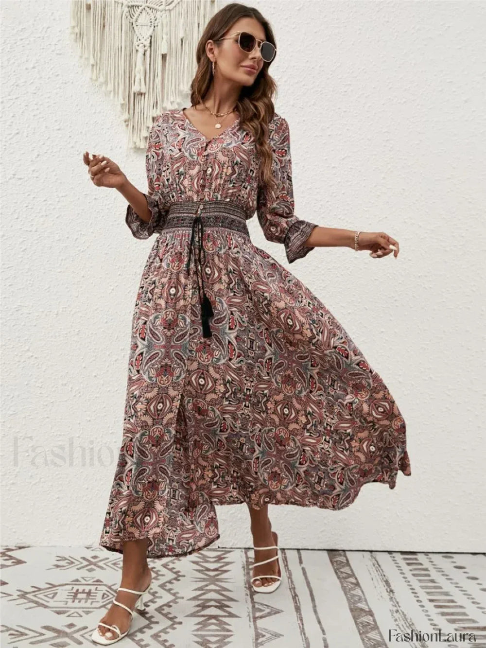 Tie Waist Lantern Sleeve Boho Dress