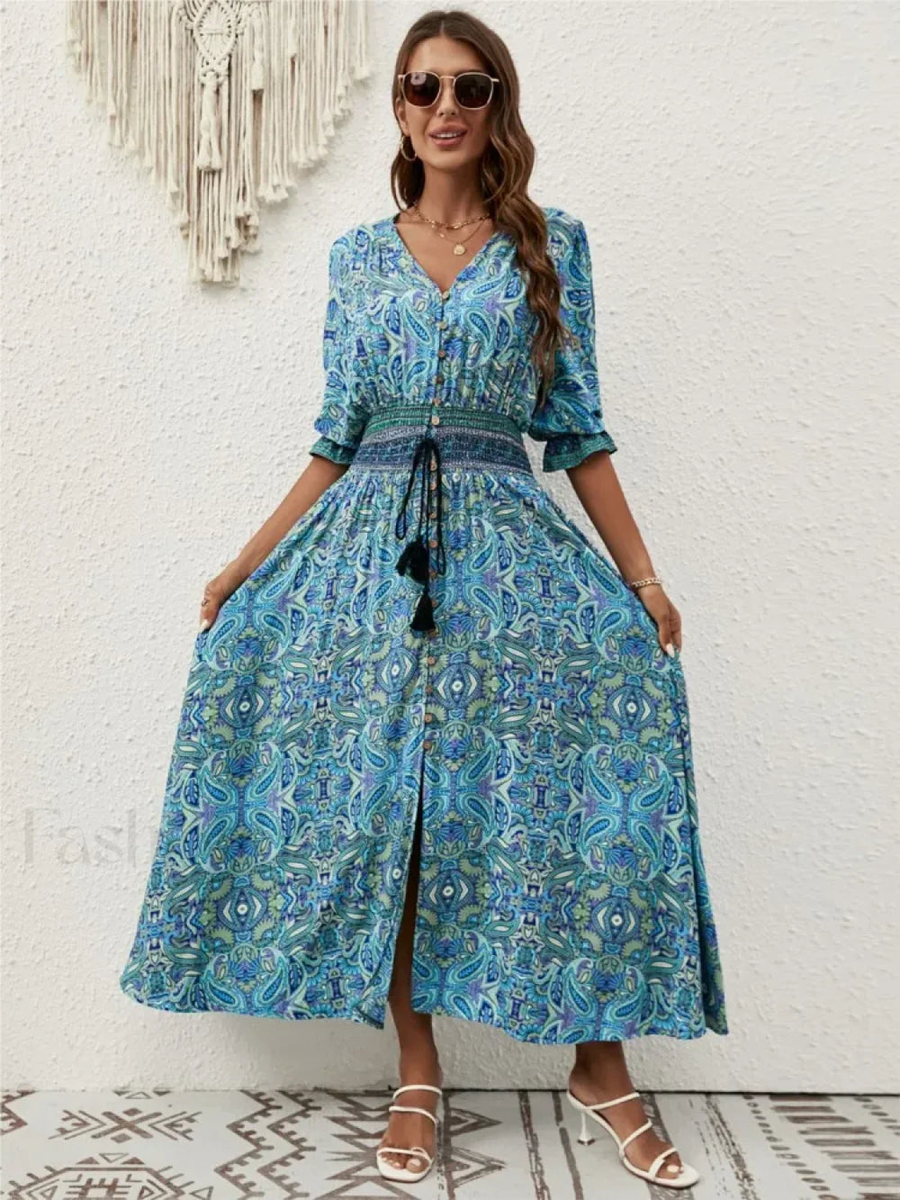 Tie Waist Lantern Sleeve Boho Dress