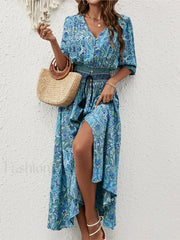 Tie Waist Lantern Sleeve Boho Dress
