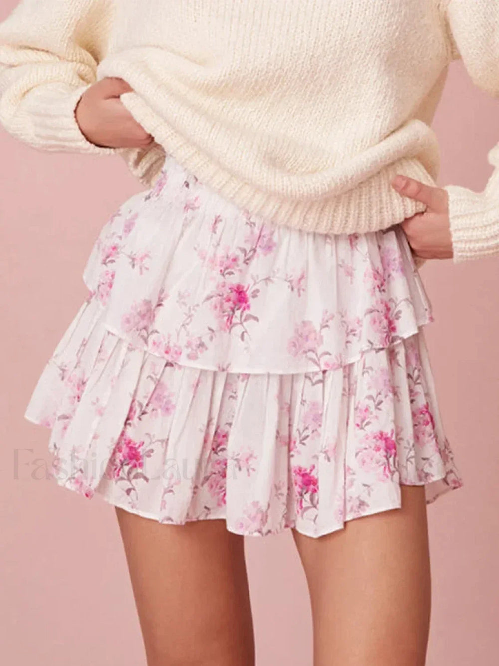 Tiered Floral Flowy Mini Skirt Pink / S
