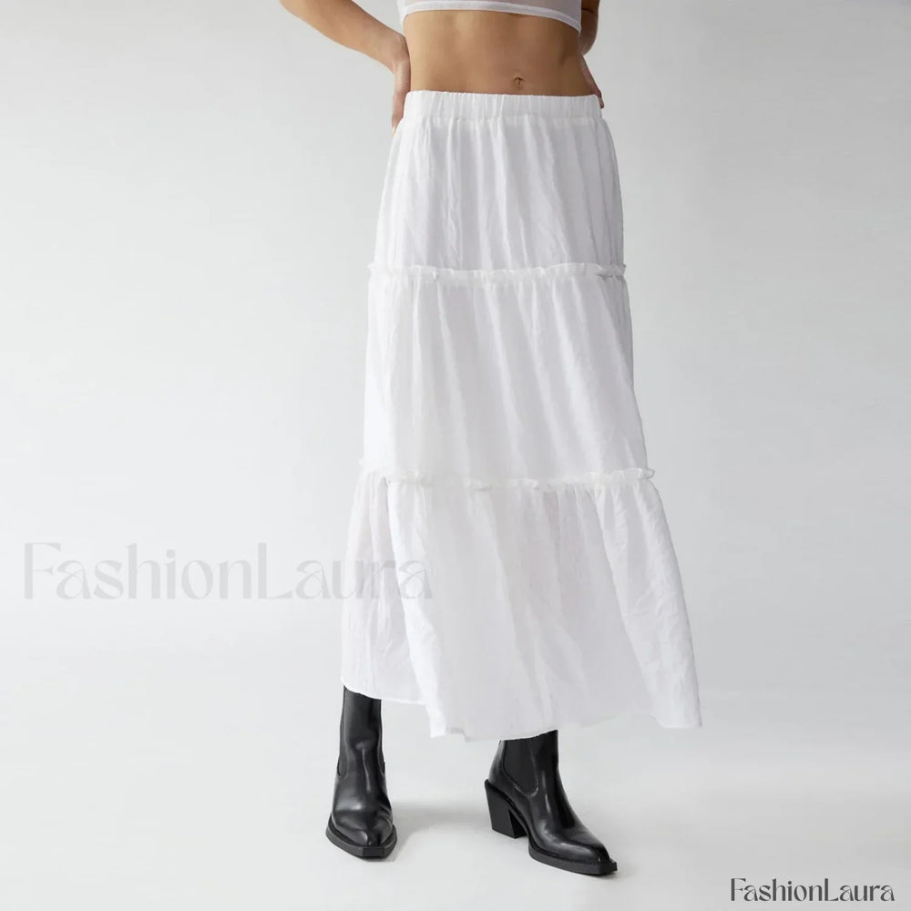 Tiered Flowy Maxi Beach Skirt WHITE / S