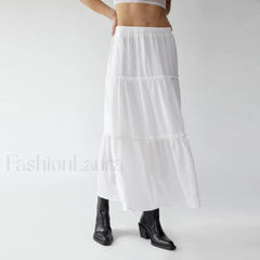 Tiered Flowy Maxi Beach Skirt WHITE / S
