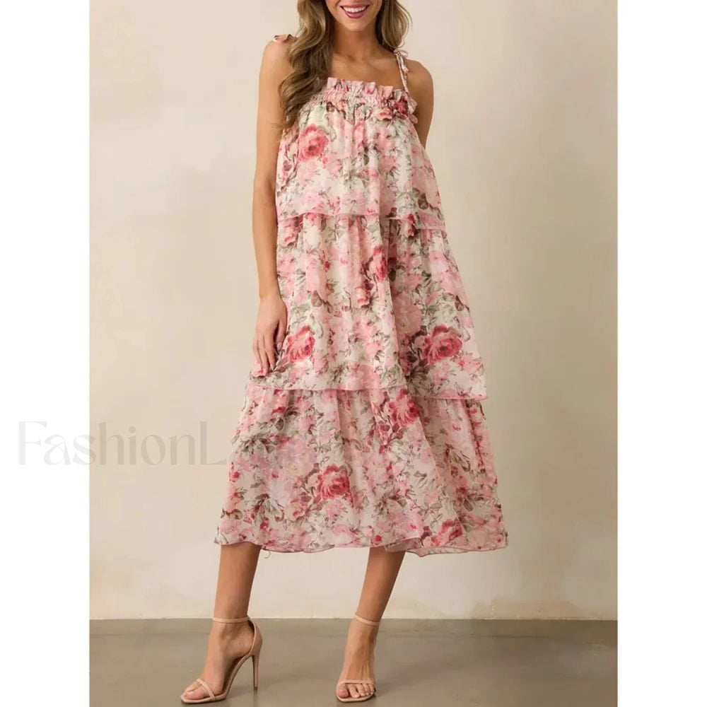 Tiered Lace Up Cami Midi Dress