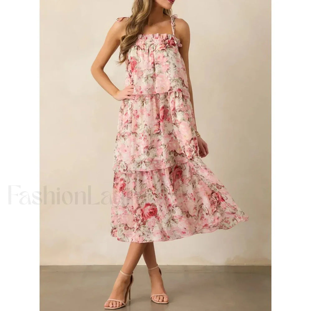 Tiered Lace Up Cami Midi Dress