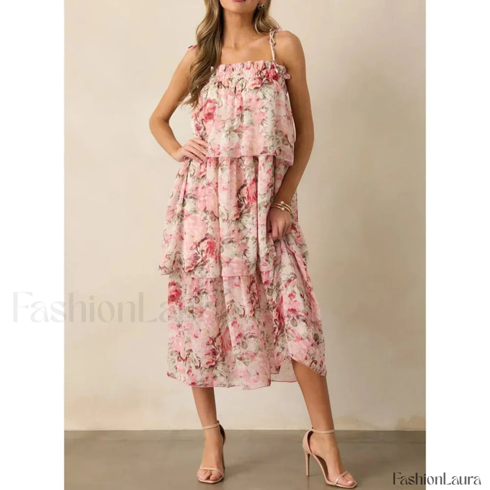 Tiered Lace Up Cami Midi Dress