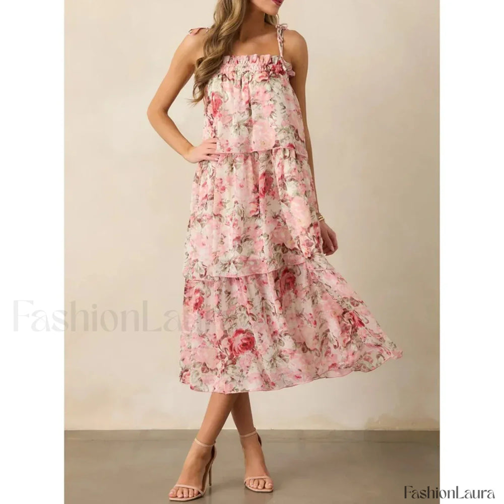 Tiered Lace Up Cami Midi Dress