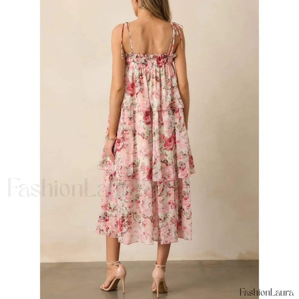 Tiered Lace Up Cami Midi Dress