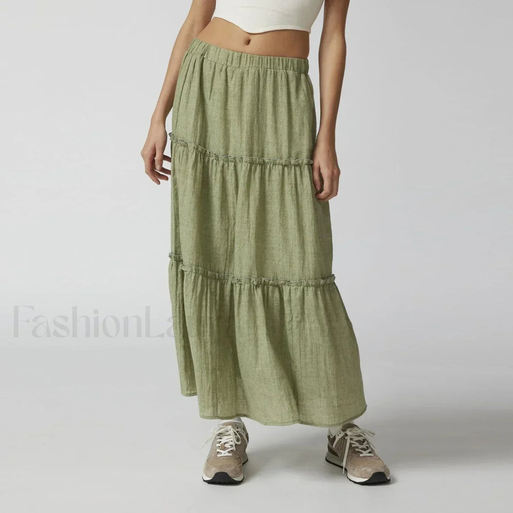 Tiered Pleated Swing Maxi Skirt Green / S