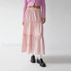 Tiered Pleated Swing Maxi Skirt Pink / S