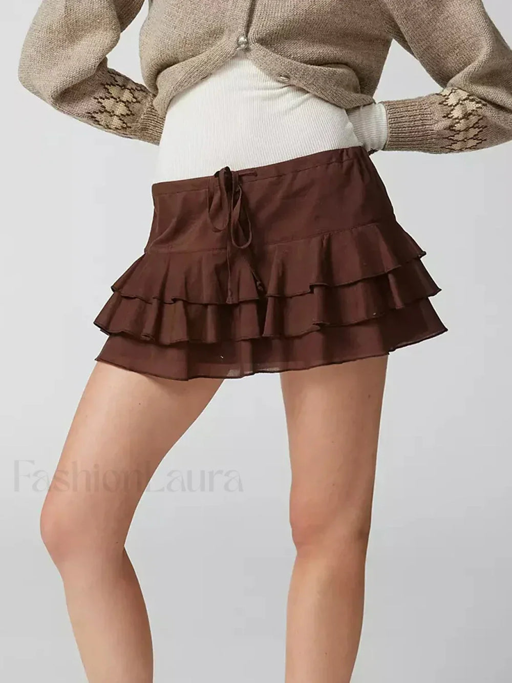 Tiered Ruffle Drawstring Mini Skirt BROWN / S