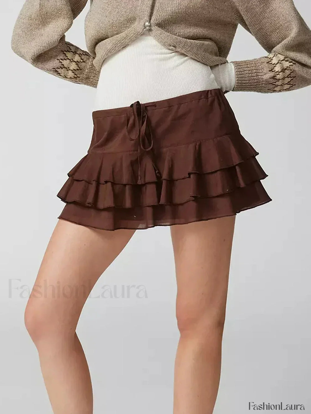 Tiered Ruffle Drawstring Mini Skirt BROWN / S