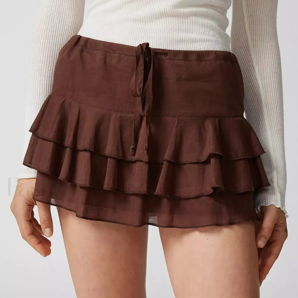 Tiered Ruffle Drawstring Skirt Coffee / S