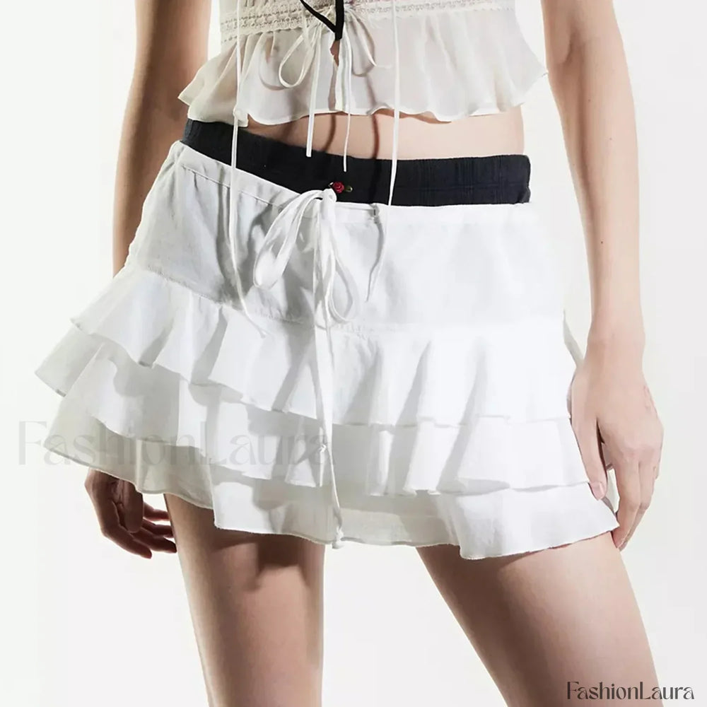 Tiered Ruffle Drawstring Skirt WHITE / S