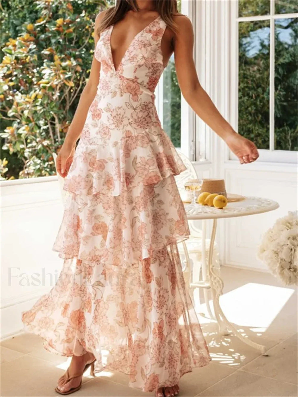 Tiered V Neck Floral Dress