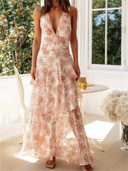 Tiered V Neck Floral Dress