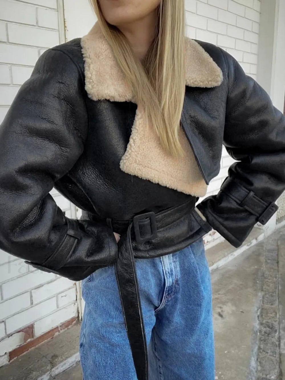 Too Blessed Sherpa Lined Shearling Leather Flight Jacket Fleece Jackets