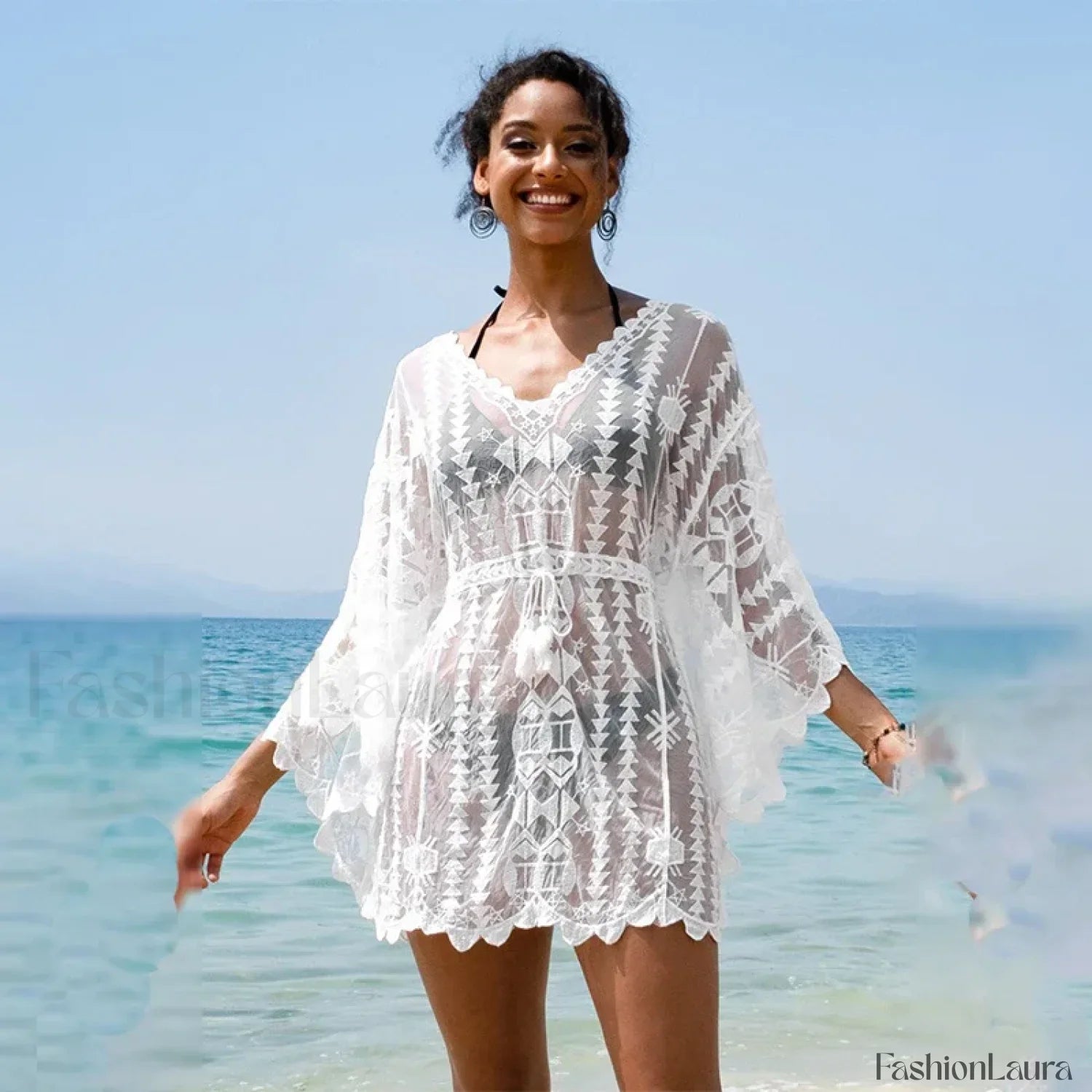 Transparent Lace Mini Dress Cover Up WHITE / One Size