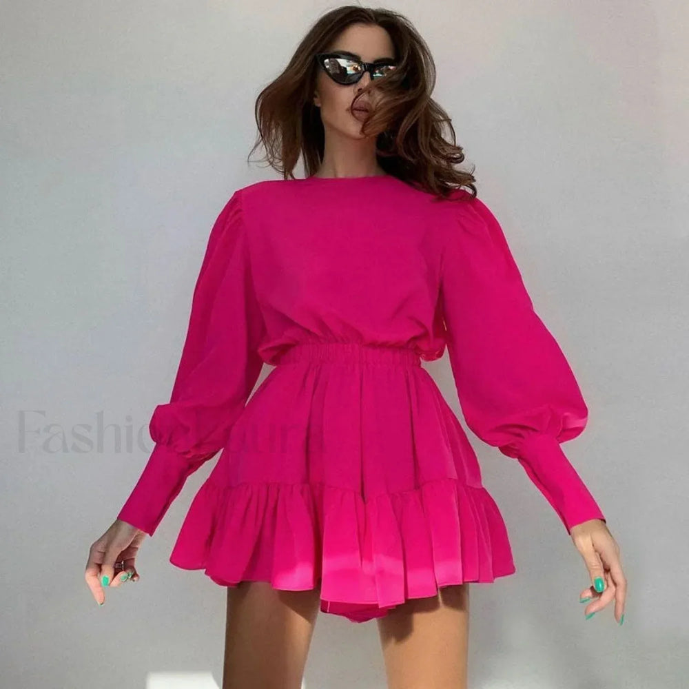 Trendy Puff Sleeve Gathered Waist Ruffle Smock Mini Dress Hot Pink S / Hot Pink Party Dresses