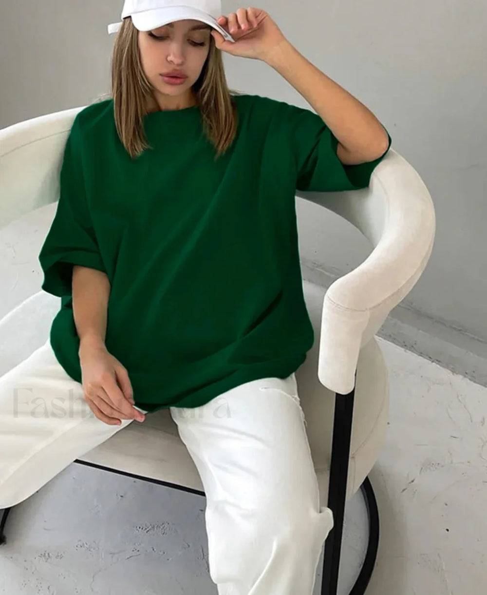 Trendy Solid Cotton T Shirt Dark Green / M