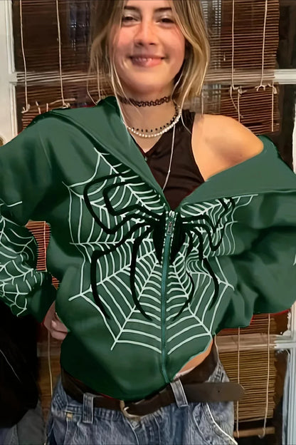 Trendy Spider Web Zipper Hoodie Green / S