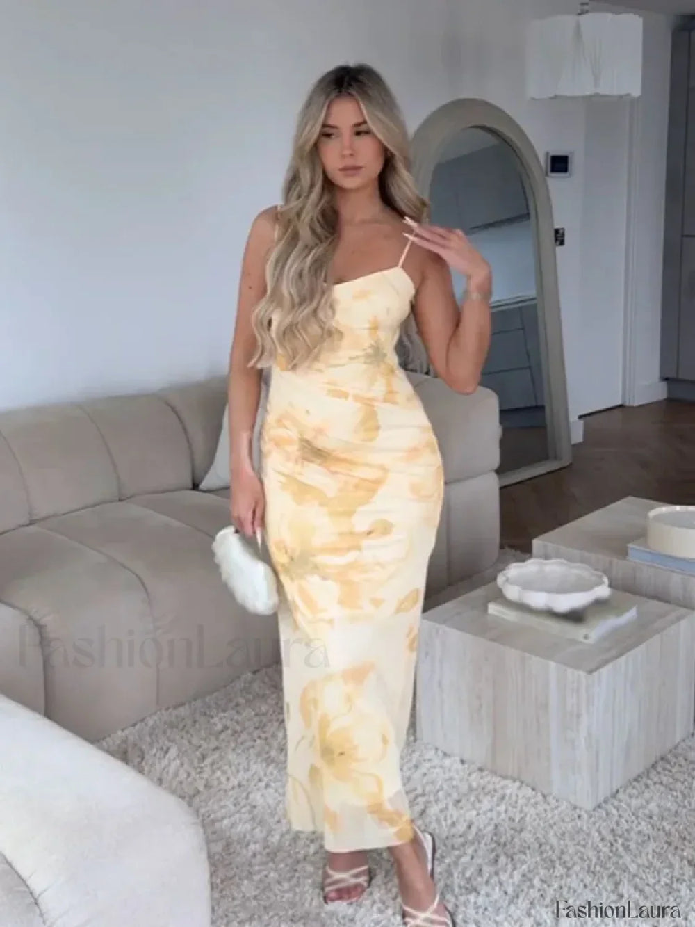 Tulle Pleated Zipper Floral Dress Yellow / XS