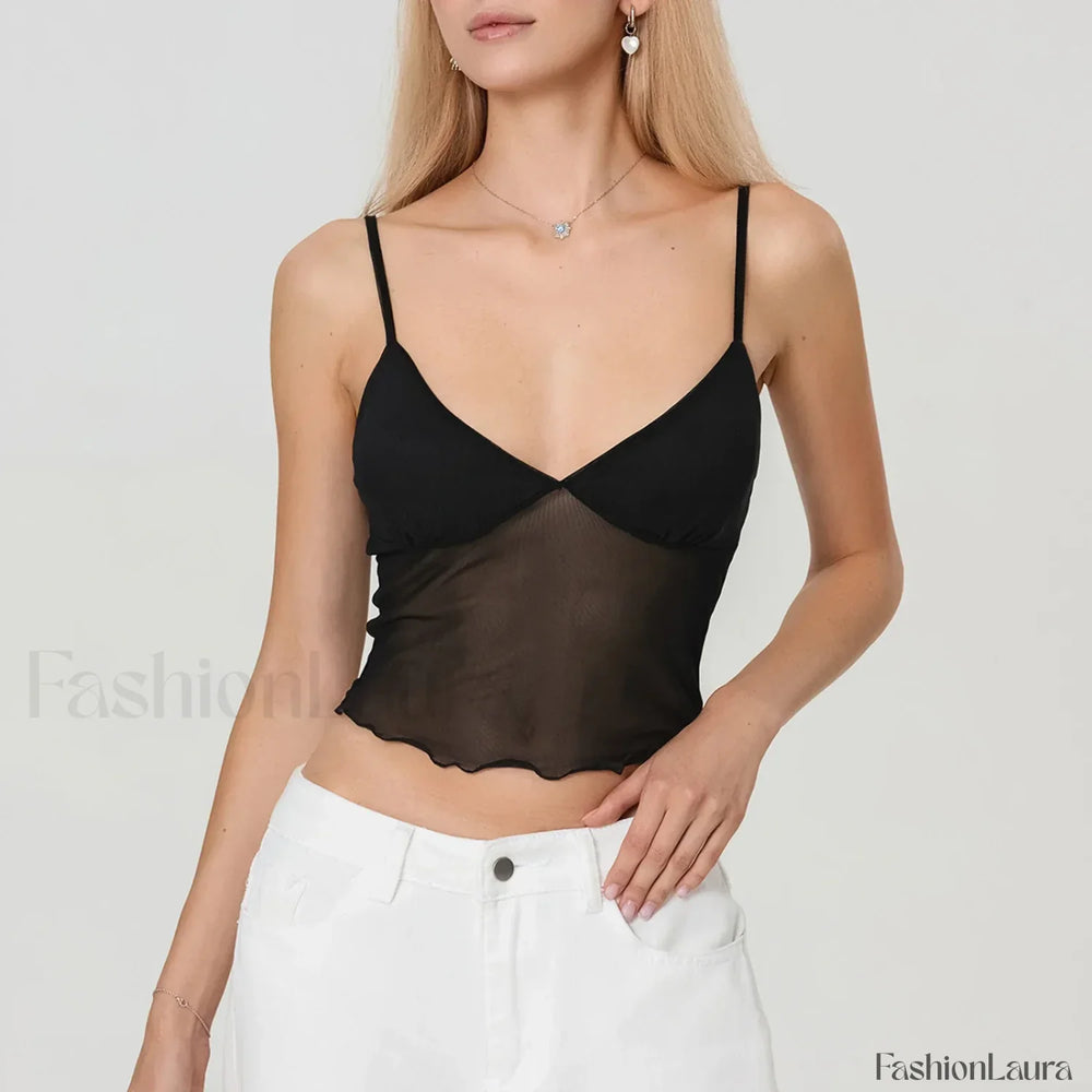 Tulle Spaghetti Strap Crop Top Black / S