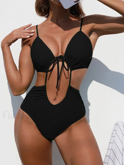 Tummy Cut Out Lace Up One Piece black / S