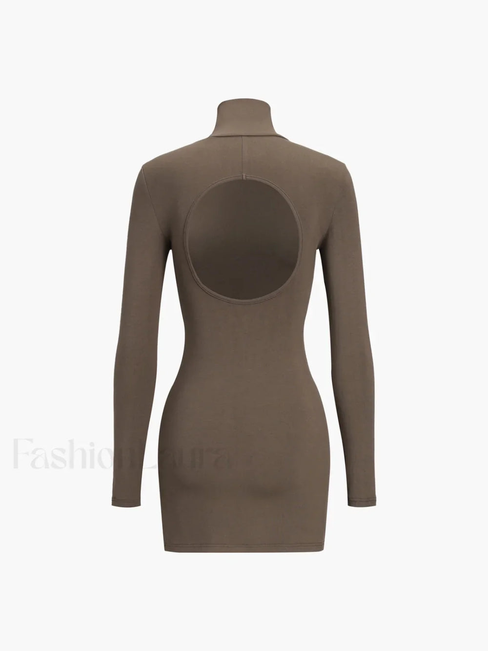 Turtleneck Open Back Trendy Long Sleeve Short Dress Brown / XS Dresses