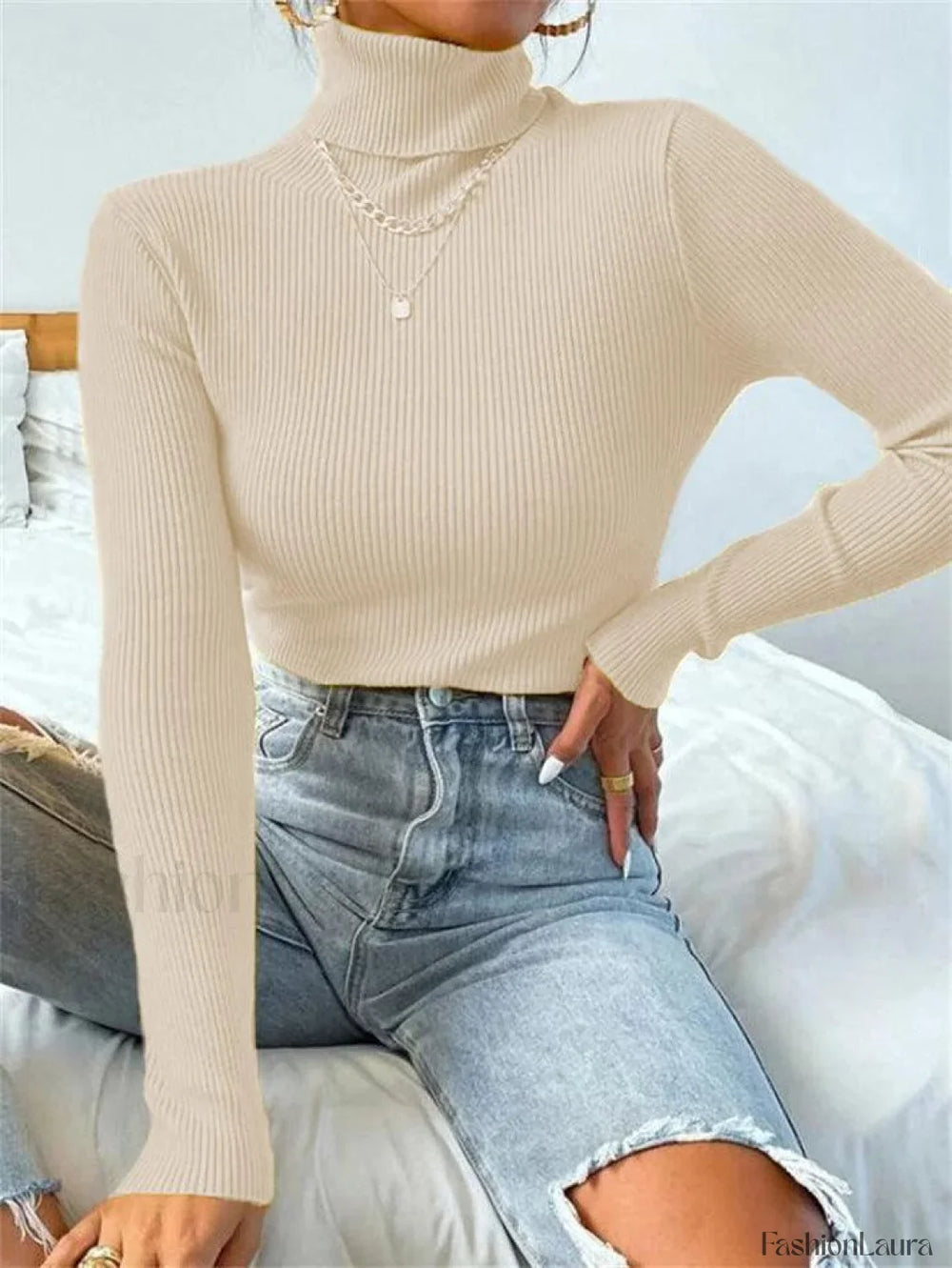 Turtleneck Ribbed Knit Sweater Beige / S Sweaters