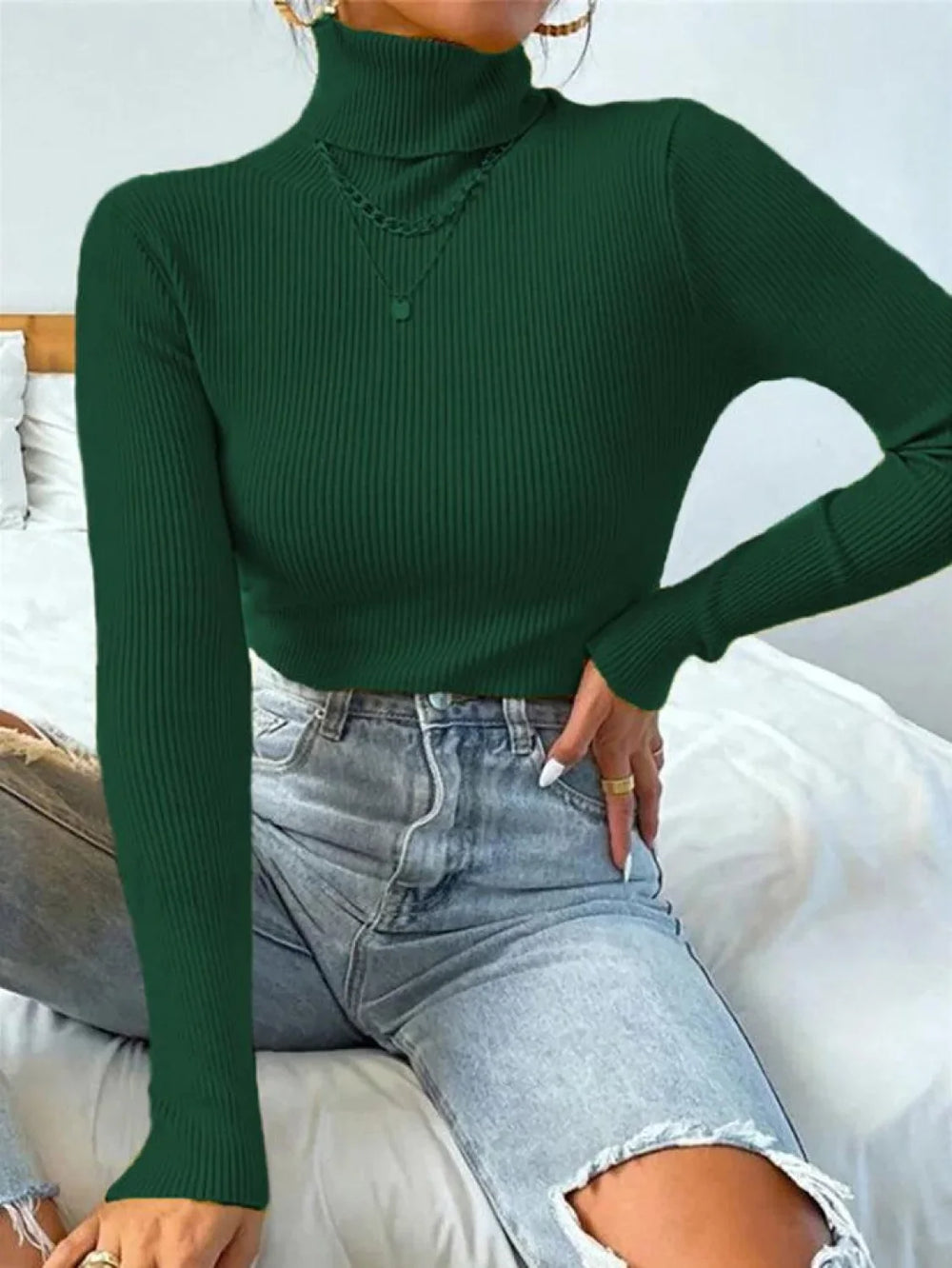 Turtleneck Ribbed Knit Sweater Green / S Sweaters