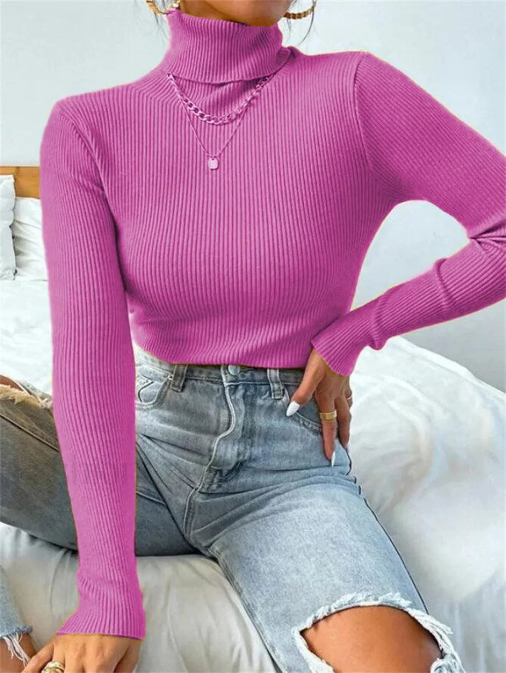 Turtleneck Ribbed Knit Sweater Pink1 / S Sweaters