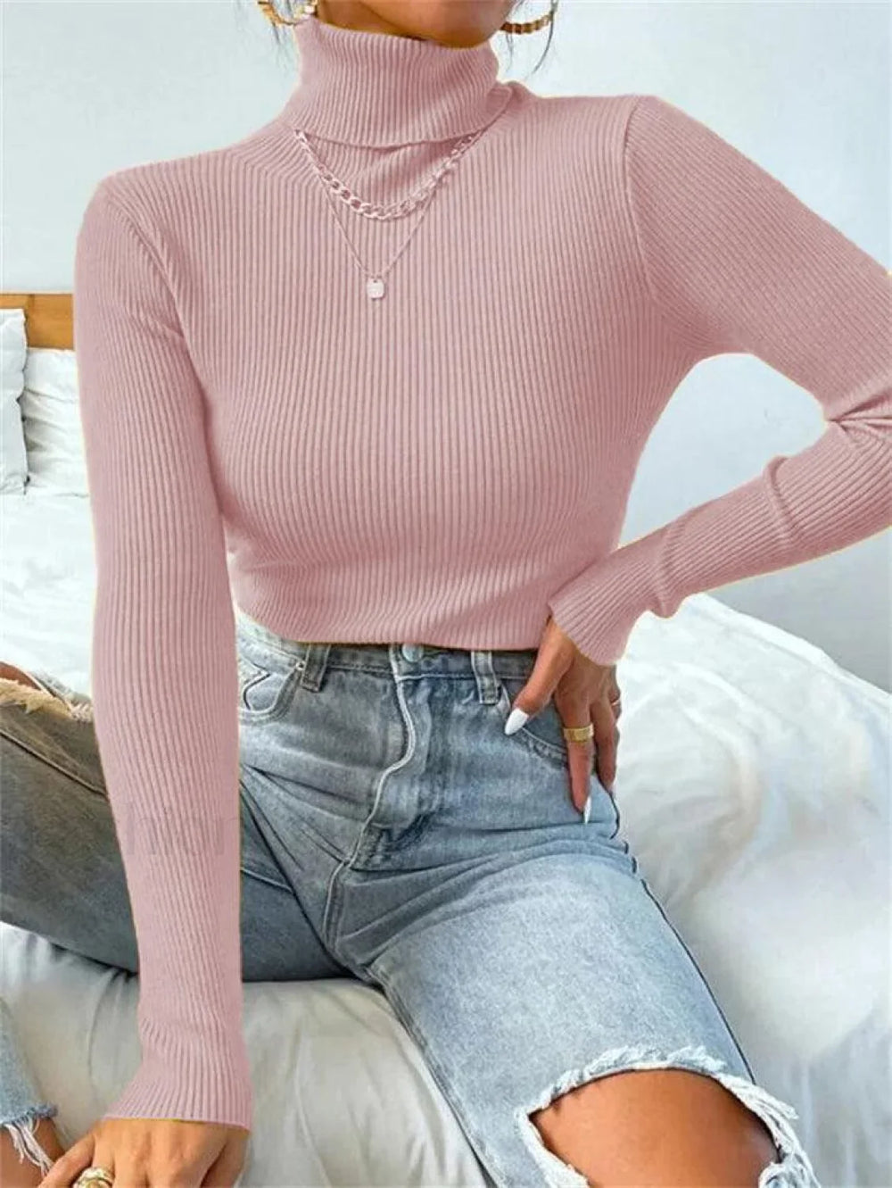 Turtleneck Ribbed Knit Sweater Pink / S Sweaters