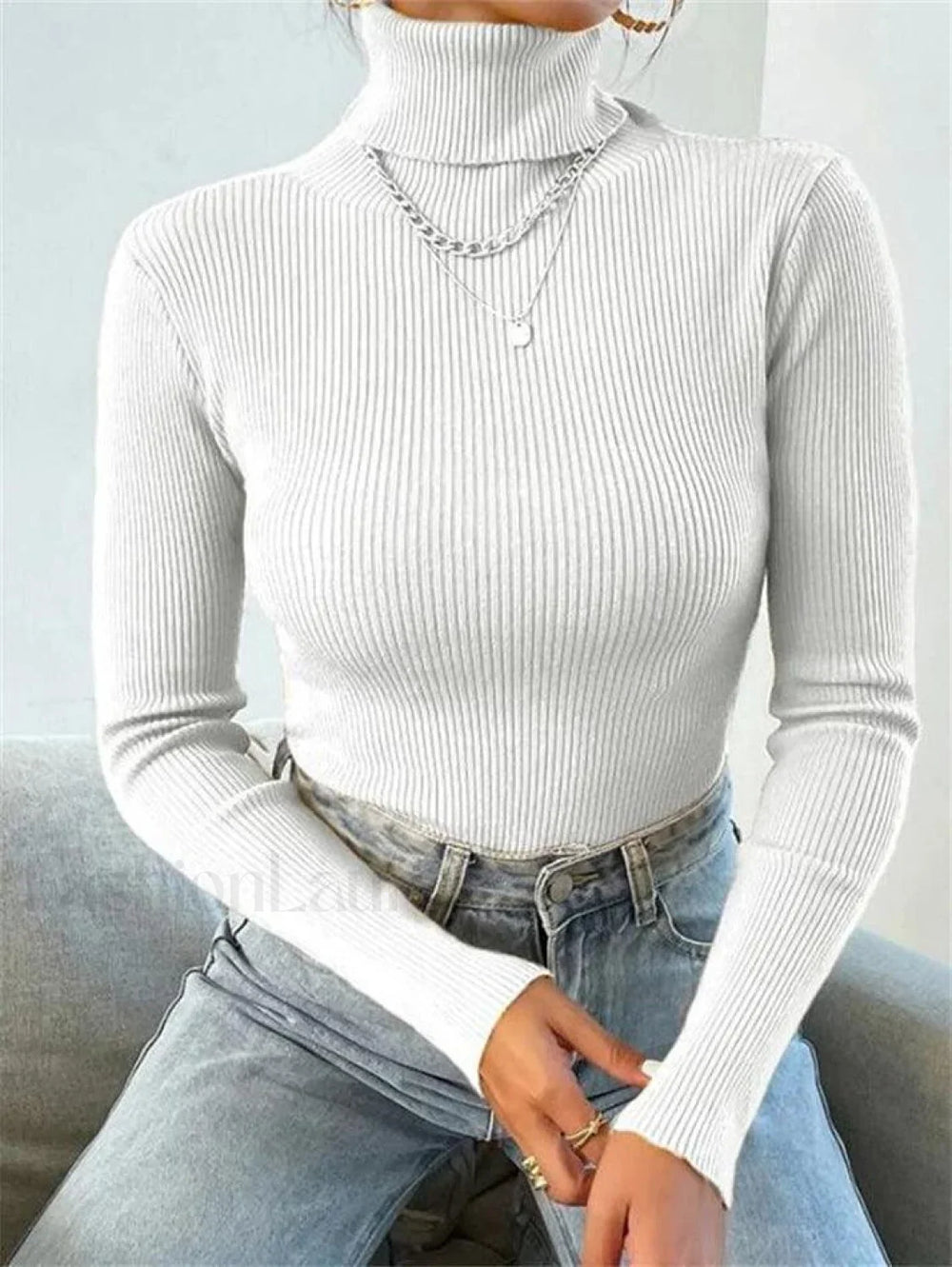 Turtleneck Ribbed Knit Sweater White / S Sweaters