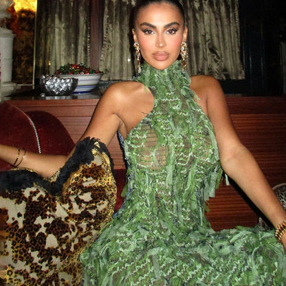 Turtleneck Sleeveless Fringed High Waist Slim Maxi Dress