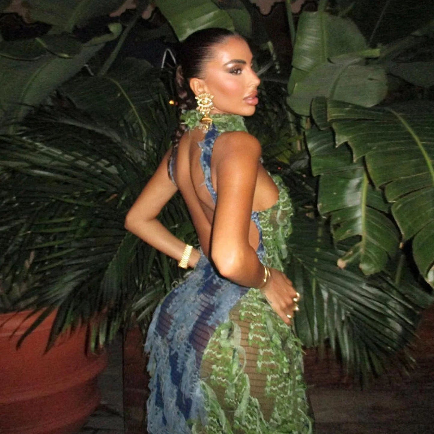 Turtleneck Sleeveless Fringed High Waist Slim Maxi Dress