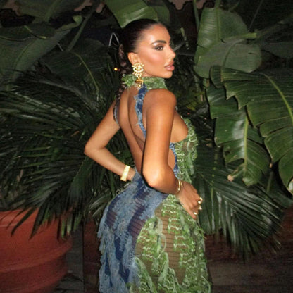 Turtleneck Sleeveless Fringed High Waist Slim Maxi Dress