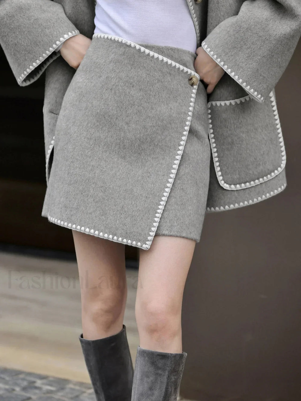 Tweed Contrast Graceful Trim Midi Skirt Light Grey / XS Skirts