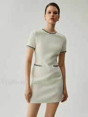 Tweed Contrast Trim Trendy Pocket Mini Dress White / XS Dresses