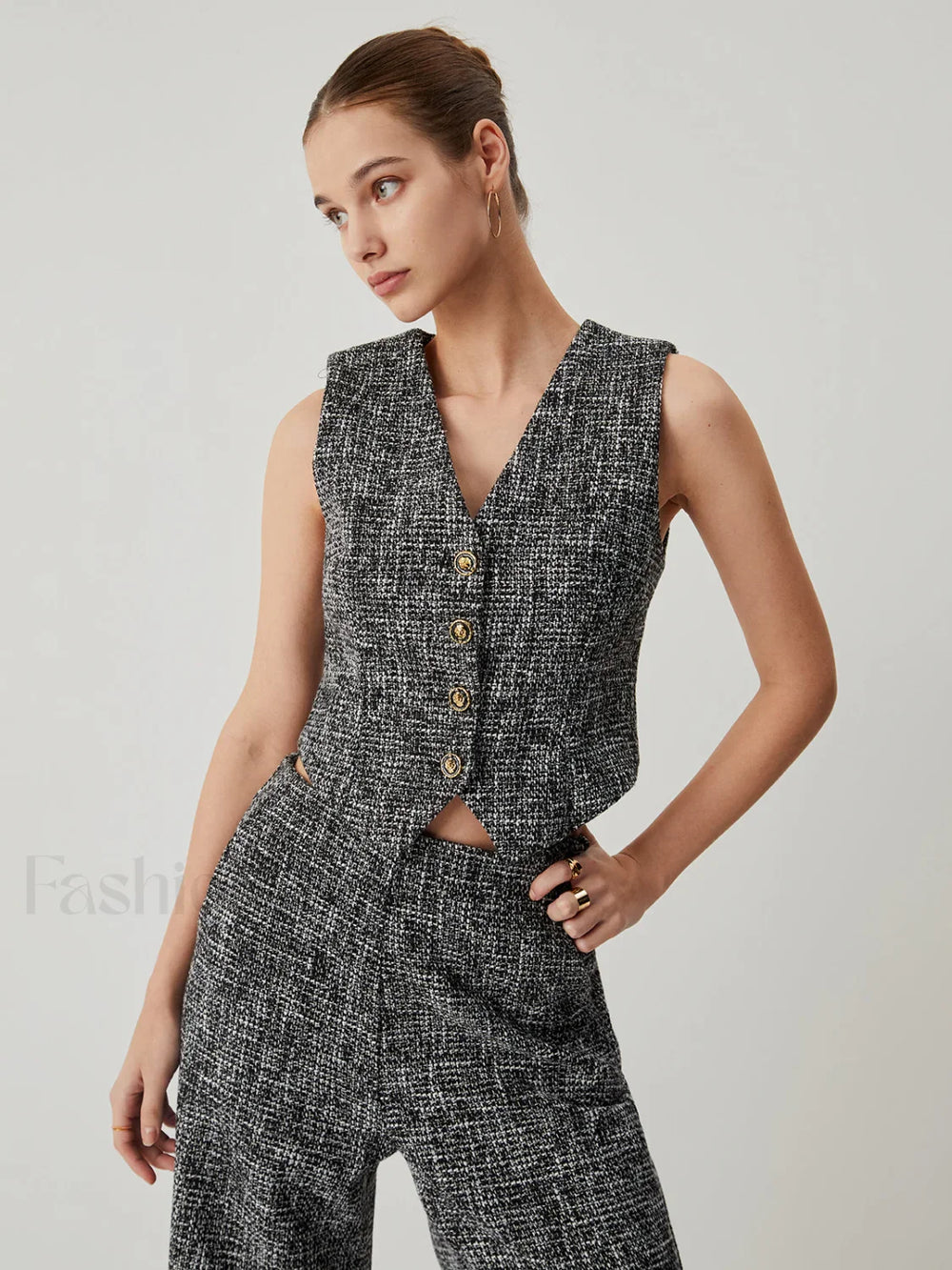 Tweed Metallic Graceful Button Vest Black / XS Vests