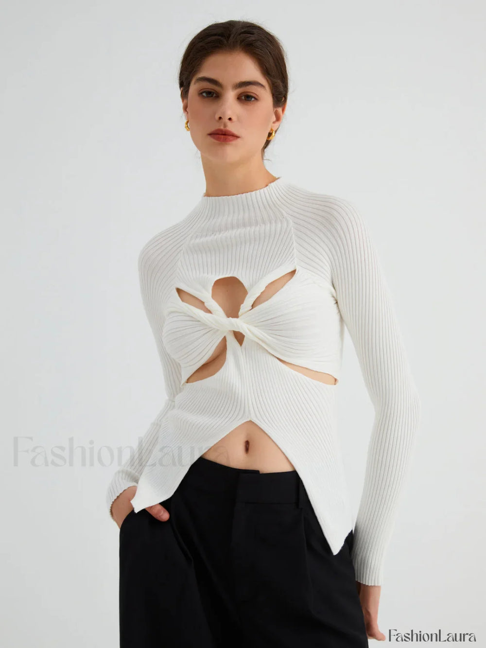 Twist Cutout Rib Trendy Long Sleeve Top Sweaters L