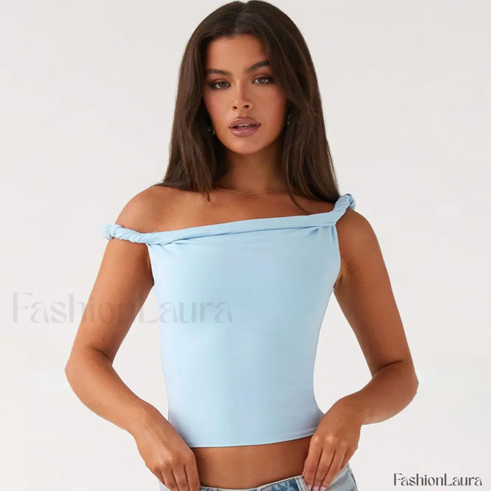 Twist Shoulder Halter Crop Top Blue / S